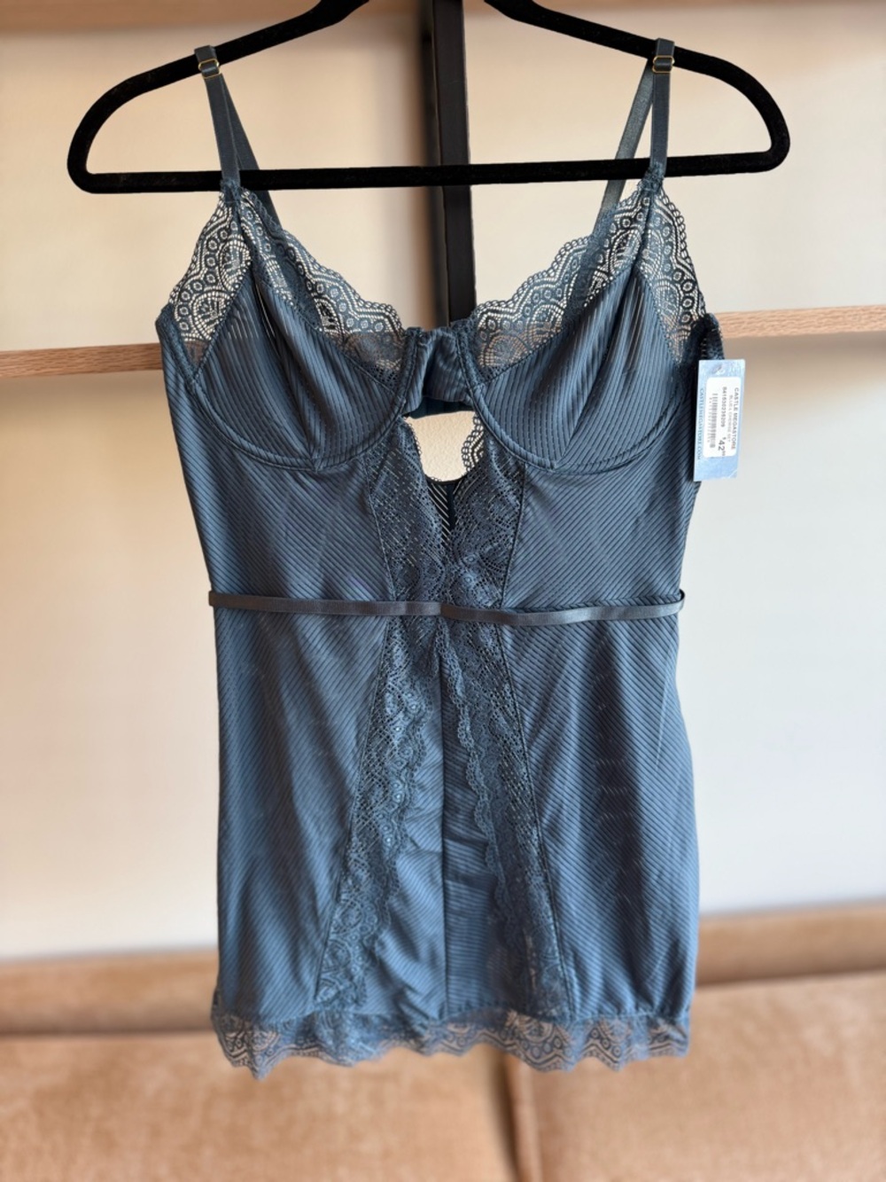 Lace Trim Satin Chemise in Steel Blue